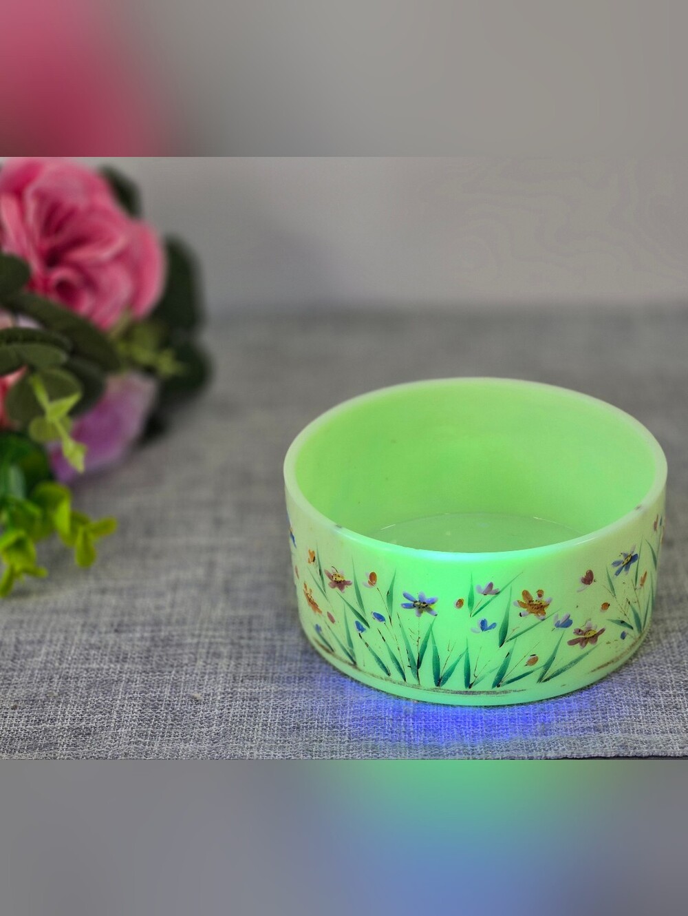 Vintage Uranium Glass Opaline? Bowl Hand Painted Floral Design